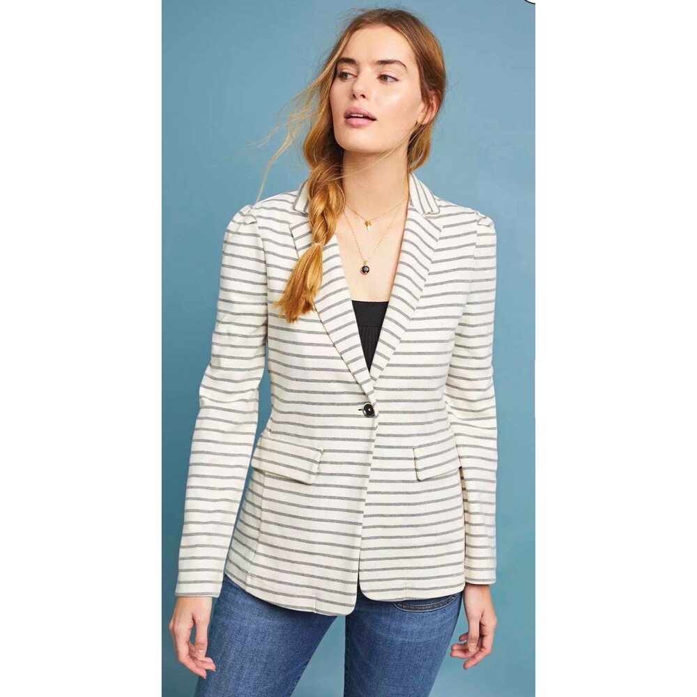 Anthropologie Francoise Striped Knit Blazer Jacket Gray Ivory Sz M